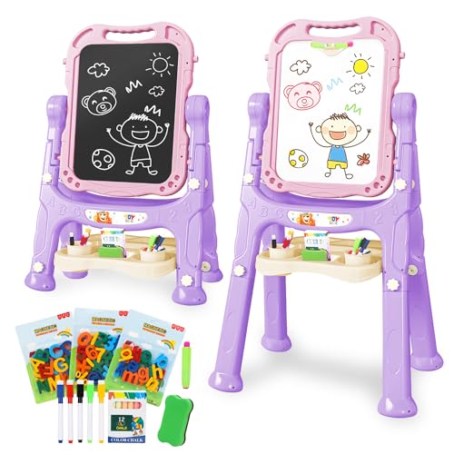 TOY Life Easel for Kids Art Easel for Toddler Easel - 4in1 Double-Sided Large Magnetic Board Kids Chalkboard Easel Drawing White Board for Kids Magnetic Letters & Numbers Pink Easel for Girls - Pink Easel for Girls