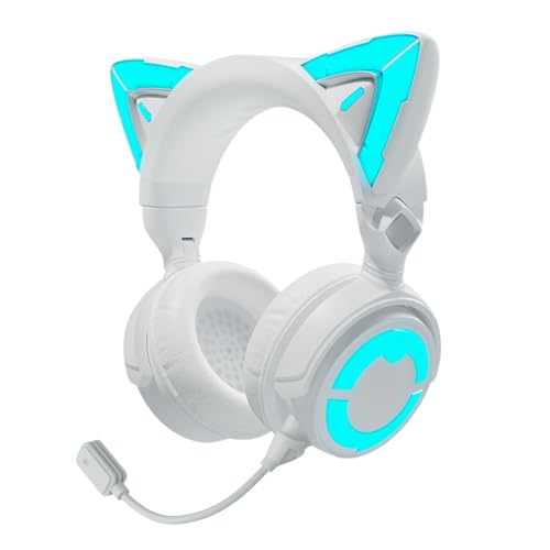 YOWU RGB Cat Ear Headphone 4GS- Gaming Headset for PC PS5 Switch Xbox, 2.4G/Wireless/Wired, Attachable Gaming Microphone, Customizable Lighting and Effect via APP (White) - 4GS - White