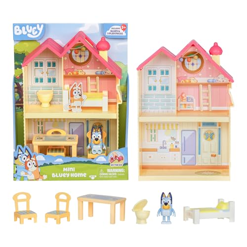 BLUEY Mini Home Playset | Compact House Playset with Carry Handle | Three Different Rooms | Kitchen, Bedroom and Bathroom | Includes Figure with 5 Play Pieces