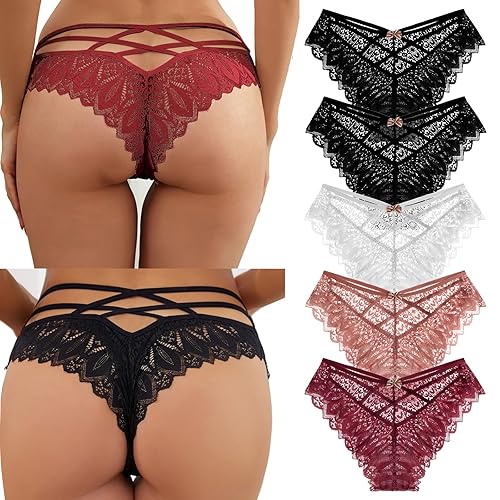 SHAINE 5pcs Women's Knickers Sexy Lace Briefs Underwear Fit Panties Low Rise Soft Bikini - L - Mixa