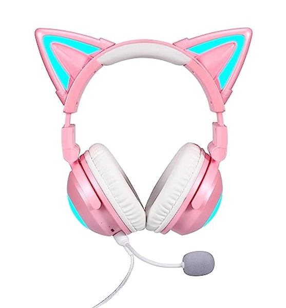 Axent Wear New Edition Wireless Cat Ear Headphones (12 Color Changing) 3.5mm Jack, Bluetooth&Wired Connection (Pink)