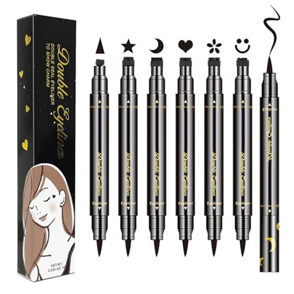 LOKFAR 6 Pcs Liquid Eyeliner Set, Double-Side Eyeliner Stamp Pen Kit, Eyeliner Tattoo Tool Waterproof Smudge-proof Eyeliner Stamp Makeup-Smiley, Triangle,Heart,Star,Moon,Flower