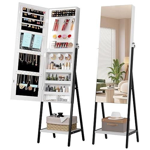 LVSOMT 3 LEDs Mirror Jewelry Cabinet, 60.4" Jewelry Mirror Full Length, Standing Lockable Jewelry Armoire Organizer, Floor Mirror with Storage for Jewelry Cosmetics, White - White