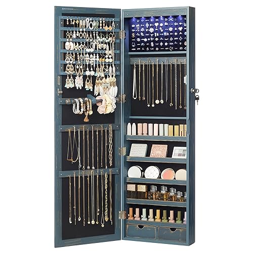 SONGMICS 6 LEDs Mirror Jewelry Cabinet, 47.2-Inch Tall Lockable Wall or Door Mounted Jewelry Armoire Organizer with Mirror, 2 Drawers, 3.9 x 14.6 x 47.2 Inches, Rustic Blue UJJC93IN - Rustic Blue