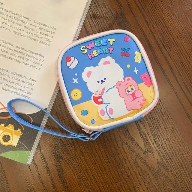 Bold Kawaii Patterned Pouch for Cords and Chargers - Blue Sweet Heart Bear