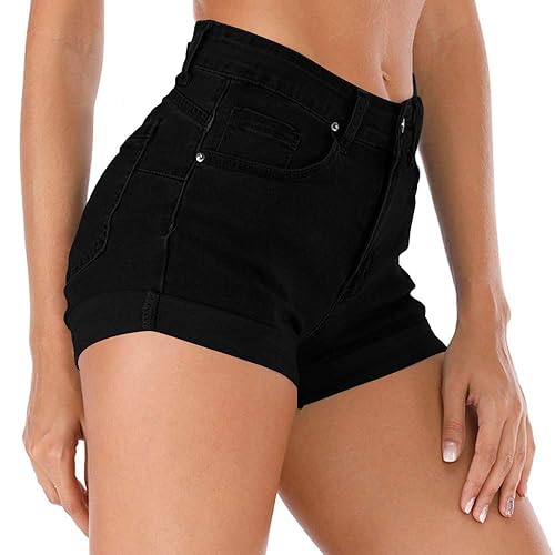 Cuihur Women's Summer High Waisted Denim Shorts Folded Hem Casual Short Jeans - A1 Black - Medium