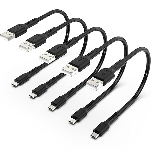 Short Micro USB Cable 1ft [5 Pack] USB 2.0 Micro USB Charging Cable Android Charger Cord for Samsung Galaxy S7 Edge S6 J7 Note 5 LG Kindle Sony PS4 TV Stick Smartphones (Black) - 1 Feet - Black