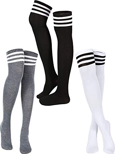SATINIOR 3 Pairs Knee High Socks Thigh High Socks Triple Stripe over the Knee Socks Long Opaque Thigh High Stockings - Mixed Color