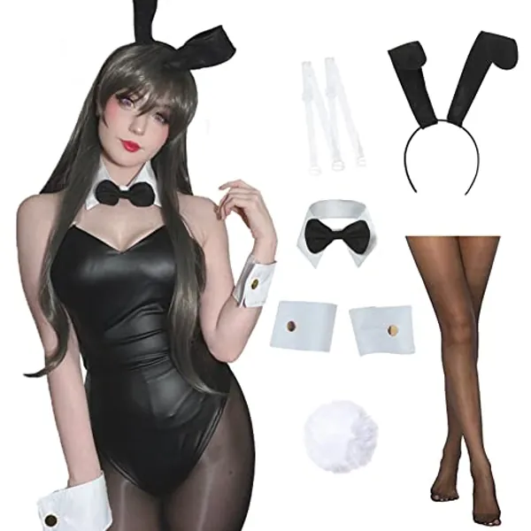 Fiamll Damen Bodysuit Bunny Set Bunny Kostüm Frauen Kaninchen Outfit Set für Halloween Kostüm Cosplay Party
