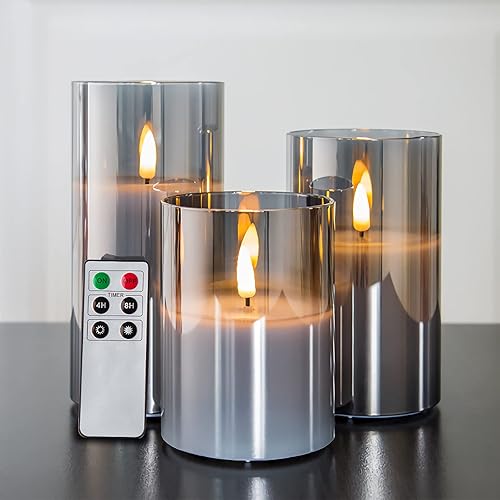 Eywamage Smoke Grey Glass Flameless Candles with Remote, Flickering Battery Operated LED Pillar Candles Set of 3 - Gray