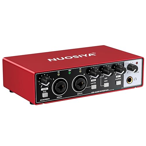 USB Audio Interface for PC Computer Recording Music, Red 2x2 Guitar Audio Interface for Mac 24Bit/192kHz Podcasting Streaming for Vocalist Producer with 48V Phantom Power - Red