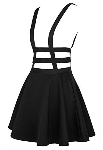 EXCHIC Women's Fashion Solid Elastic Waist Mini Skirt Pleated A-Line Suspender Brace Skirt - L - Black
