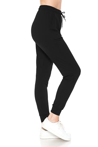 Leggings Depot Women's Relaxed-fit Jogger Track Cuff Sweatpants with Pockets for Yoga, Workout - Black - Large