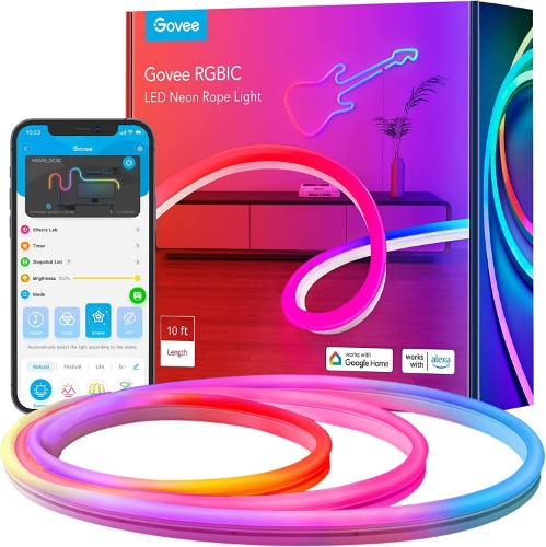 Govee Neon Rope Lights, RGBIC Rope Lights with Music Sync, DIY Design, Works with Alexa, Google Assistant, Gaming Lights, 10ft LED Strip Lights for Bedroom Living Room Decor (Not Support 5G WiFi) - 10ft