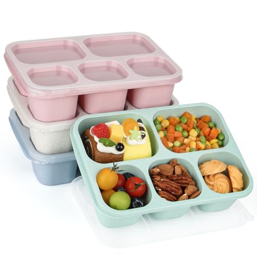 Lunbxx Bento Lunch Boxes - Reusable 5-Compartment Food Lunchables Containers, Snack Boxes For Adults Container for School, Work, and Travel, Set of 4 (Wheat) - Wheat