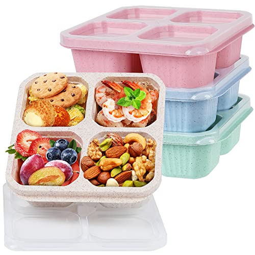 buluker 4 Pack Bento Snack Containers Set， 4 Compartment Food Storage Containers Wheat Straw Meal Prep Lunch Box Plastic Food Storage Containers, Microwave and Dishwasher Safe (4colour) - 4colour