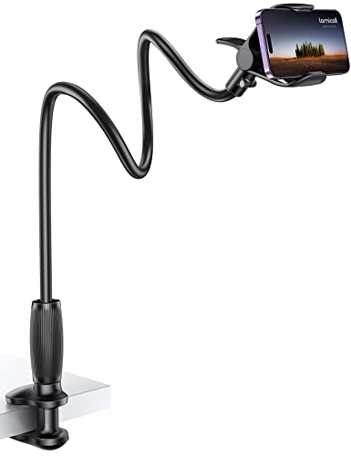 Lamicall Gooseneck Phone Holder for Bed - [Upgraded Stable Clip] for Desk, Headboard, Bed, Bedside, Table, Flexible Gooseneck Long Arm Stand, Overhead Cell Phone Clamp Mount, for All 4-7” Devices - Black
