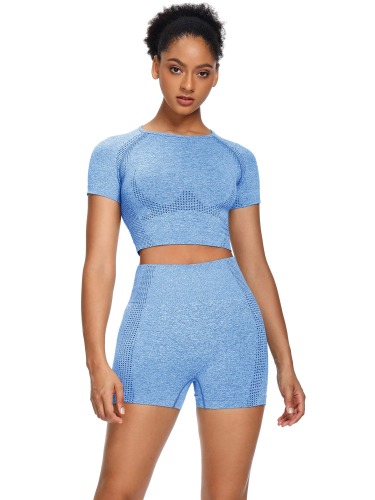 Sytiz Women Seamless Yoga Outfits 2 Piece Set Workout Gym Shorts + Short Sleeve Crop Top - Light Blue Large