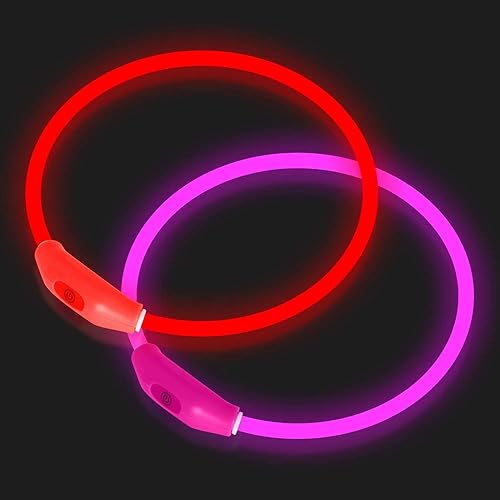 Novkin 2-Pack LED Dog Collar, Light Up Dog Collars,Rechargeable Dog Lights for Night Walking，Universal, Reusable Safety Necklace for Small Medium Large Dogs RED&Pink - Red&pink