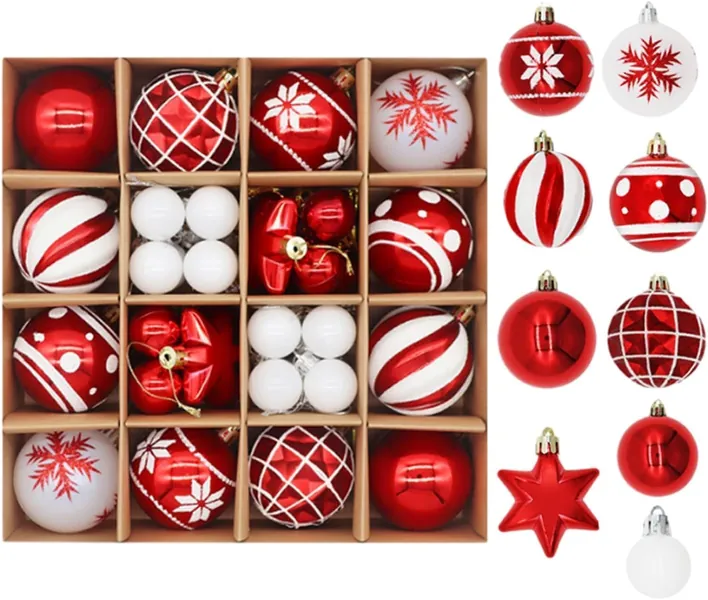 TAPIT 42 Pcs Christmas Tree Balls Ornaments Hanging Christmas Balls Glitter Plastic Xmas Tree Baubles 2.36'' & 1.18'' Christmas Tree Pendant Ball for Holiday Party Decoration (Red+White-42Pcs)