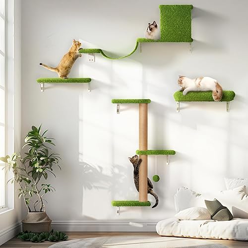 Cat Wall Shelves, 4 in 1 Wooden Cat Climbing Wall with Scratching Post, Cat Bridge and Cat Bed, Stylish Cat Jungle Gym for 16 Inch Drywall - Green - Green