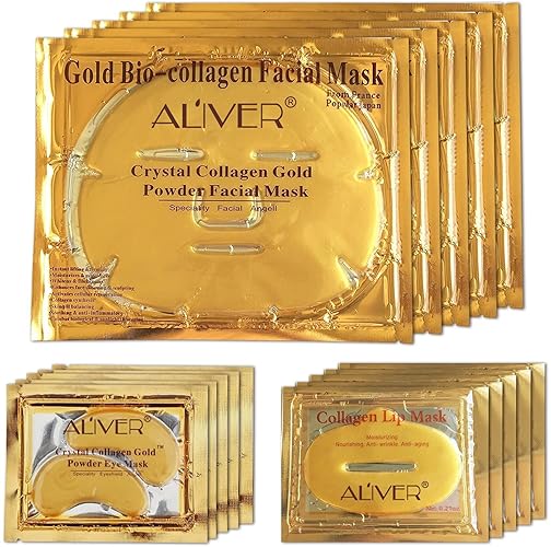 24K Gold Bio Collagen Crystal Face Mask + Eye Mask + Lip Mask, Anti ageing Skin Care (5pairs/set)