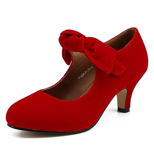 LIURUIJIA Women's Bow Heels Mary Jane Kitten Heel Pumps Round Toe Low Heels Ankle Strap Wedding Evening Party Dress Shoes - 8.5 - Red