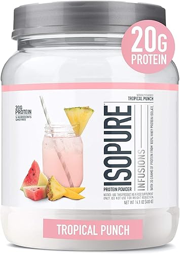 Isopure Clear Whey Isolate Protein Powder Infusions, Lactose Free, Gluten Free, Naturally Flavored, Tropical Punch, 20g Protein Per Serving, 14.1 Oz, 16 Servings - Tropical Punch - 16 Servings (Pack of 1)