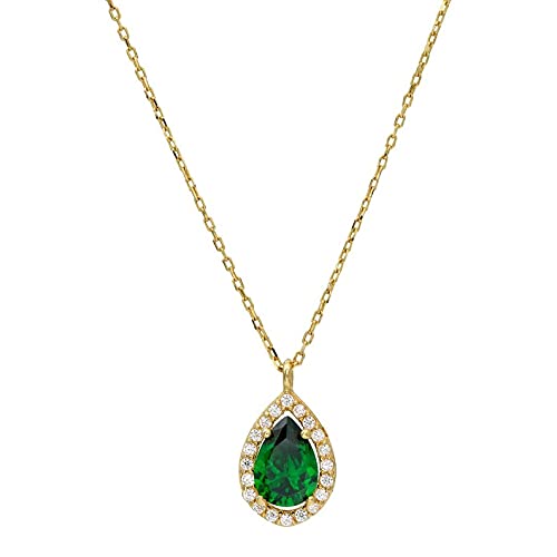 14K Solid Yellow Gold Emerald Necklace, Diamond CZ Emerald Necklace, May Birthstone, Pear Shape Emerald Necklace,Green Emerald, Gift for Her