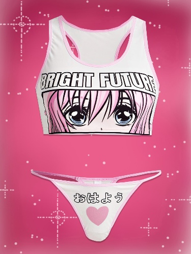 Anime Letter Cartoon Figure Graphic Contrast Binding Lingerie Set | SHEIN USA