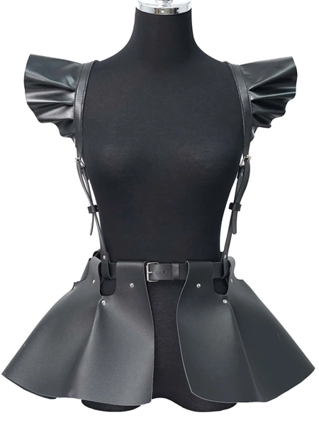 1pc Women's Pu Leather Skirt With Ruffle Hem, Gothic Style Waist & Shoulder Belt, Clothing Accessory