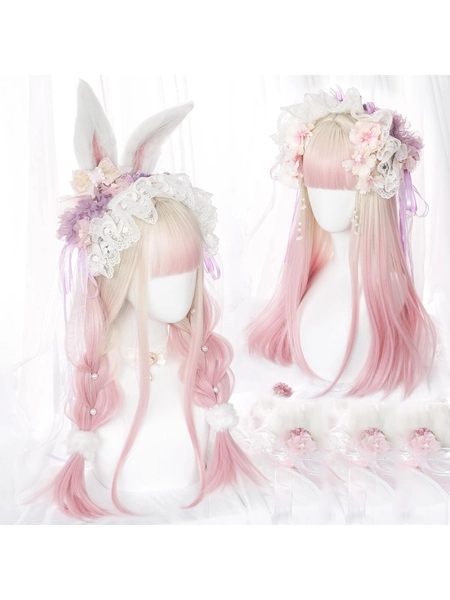 Long Synthetic Wig With Bangs For Girls, Pink & White Ombre Color, Suitable For Cosplay, Lolita Party, Heat Resistant