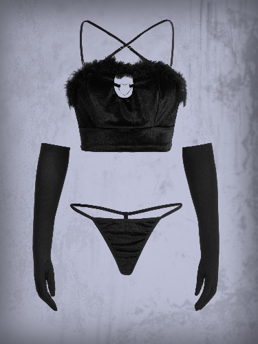 Goth Fuzzy Trim Lingerie Set With 1pair Oversleeves | SHEIN USA
