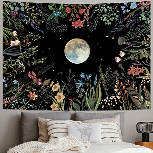 Amhokhui Moonlit Garden Tapestry Moon Tapestry Flower Tapestry Colorful Plants Tapestry Black Tapestry Wall Hanging Decor for Room - W52.3"×H39.3" Moonlit Garden