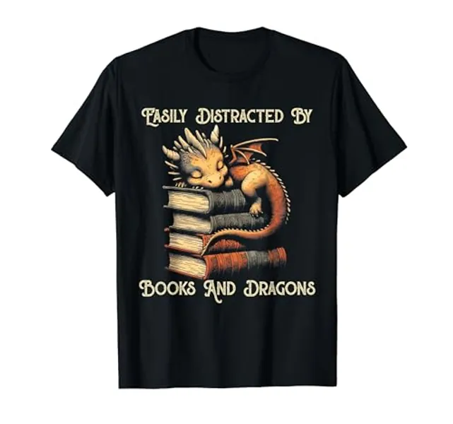 Easily Distracted By Books & Dragons Funny Bookworm Reading T-Shirt - Youth - Royal Blue - Large