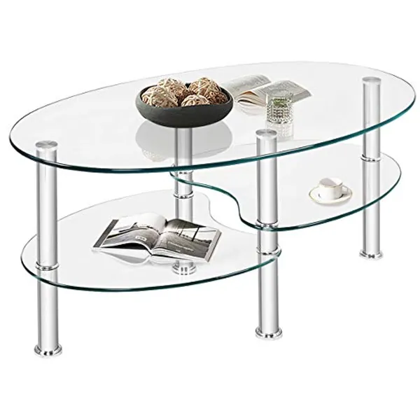 LIFEZEAL Couchtisch Glas, Glastisch 3 Ebenen, Wohnzimmertisch oval mit Metallgestell, Kaffeetisch Sofatisch für Wohnzimmer & Büro, Modernes Design 90x50x45cm (Transparent)