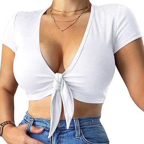 LCNBA Deep V Neck Short Sleeve Crop Top,Bandage Cross Wrap Tie Up Crop Tops - X-Large - White