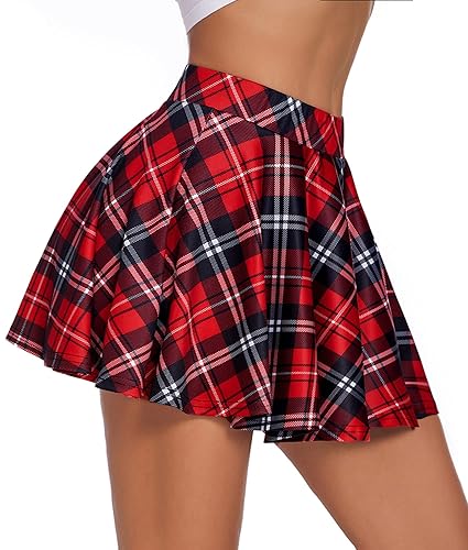 Avidlove Pleated Mini Skirt Plaid Skirts High Waist A Line Skater Skirt for Lingerie Schoolgirl - Large - Red Blue