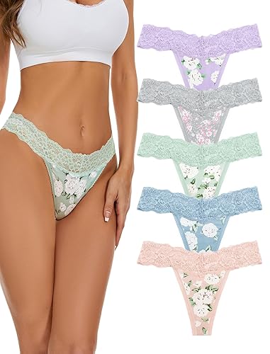voenxe Seamless Lace Thongs for Women No Show Thong Underwear,Lady Breathable Comfort Panty Soft Laser Cut Undie,Tanga,5-Pack - Floral - Large