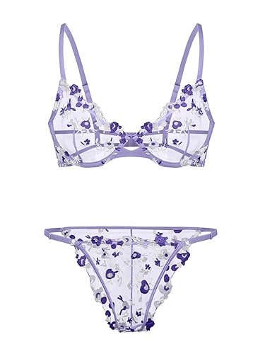 Lilosy Sexy Floral Embroidered Mesh Sheer Underwire Lingerie Set - Flower - X-Large - Flower Light Purple
