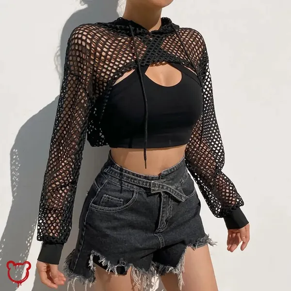 Black Grunge Fishnet Hooded Crop Top