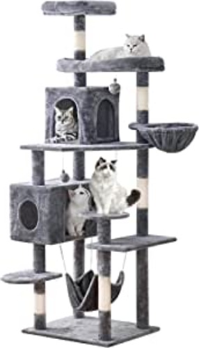YARUOMY Cat Tree 71.6 inches Cat Tower for Indoor Cats, Multi-Level Cat Condo Furniture with Scratching Posts, Plush Perches, Activity Center with Cozy Basket & Hammock for Large Cat,Light Gray - Grey