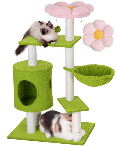 Aechonow Flower Cat Tree, 41.2'' Cat Tower with Scratching Post and Cat Condo, Cute Cat Tree Tower for Indoor Cats with Hammock, Pink Top Perch, Fluffy Ball and Bell for Small Medium Cats - Flower Pink