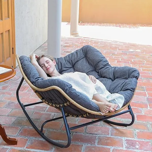SWITTE Outdoor Rocking Chair, Patio Egg Rocking Chair, Indoor Papasan Chair, Rattan Wicker Lounge Chair, Modern Royal Chair for Bedroom, Living Room, Porch, Garden, Lawn-Dark Grey - Dark Grey - 29"W * 39"D * 20"H