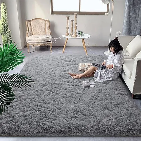 DweIke Fluffy Grey 8x10 Large Area Rugs for Living Room, Extra Large Rug for Living Room Decor, Big Shaggy Floor Rug, Soft Plush Thick Non-Slip Rectangle Rug Carpet for Home Decor - 8 ft x 10 ft - Grey