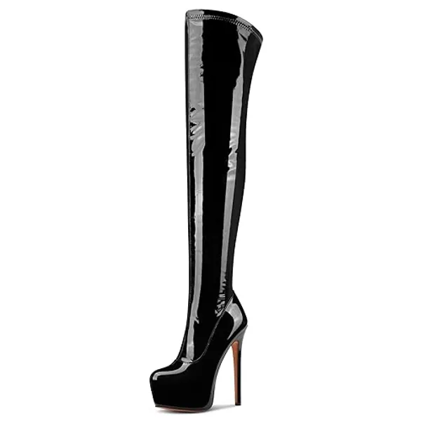 Aachcol Patent Leather Over The Knee Stiletto Boots Platform Thigh High Boots Round Toe Side Zipper Sexy Dress High Heel Boots 5.9 Inches Heels - 8 - Black