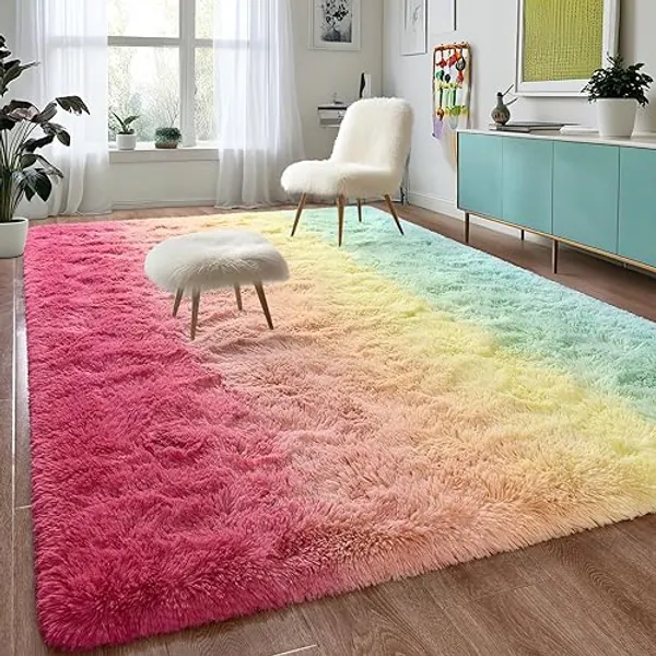 DweIke Extra Large Fluffy Area Rug, 6x9 Ft Rainbow Pink Rug Modern Indoor Living Room Bedroom Home Gradient Colorful Rugs, Shaggy Plush Faux Fur Carpets for Girls Kids Playroom Nursery Decor - 6 ft x 9 ft - Rainbow Pink