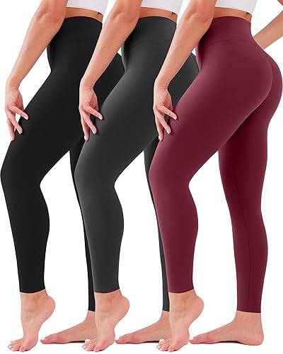 3 Pack Leggings for Women High Waisted No See-Through Tummy Control Soft Yoga Pants Womens Workout Athletic Running Leggings - Large-X-Large - 06 Black/Grey/Burgundy