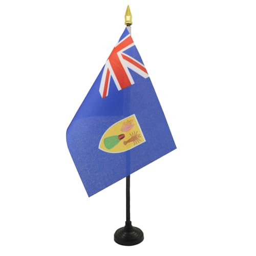 Turks and Caicos Islands Table Flag 4'' x 6'' - Turks and Caicos Islander Desk Flag 15 x 10 cm - golden spear top - AZ FLAG