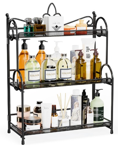 EKNITEY Kitchen Countertop Storage Organiser - 3 Tier Folding Bathroom Counter Organisation and Storage for Spice, Makeup Black